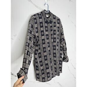 VTG Dana Buchman 100% Silk Tunic Blouse Mandarin Collar Geometric Tile Print 14